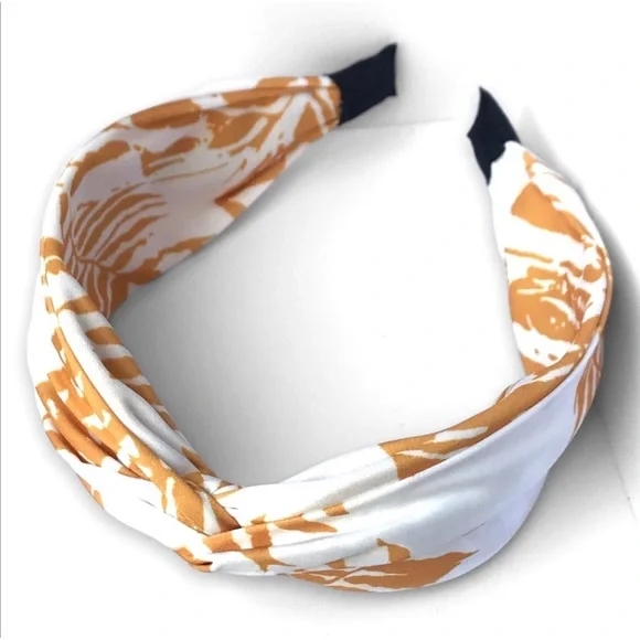 Mustard Yellow White Tropical Print Women's Top Knot Headband - Picture 3 of 5